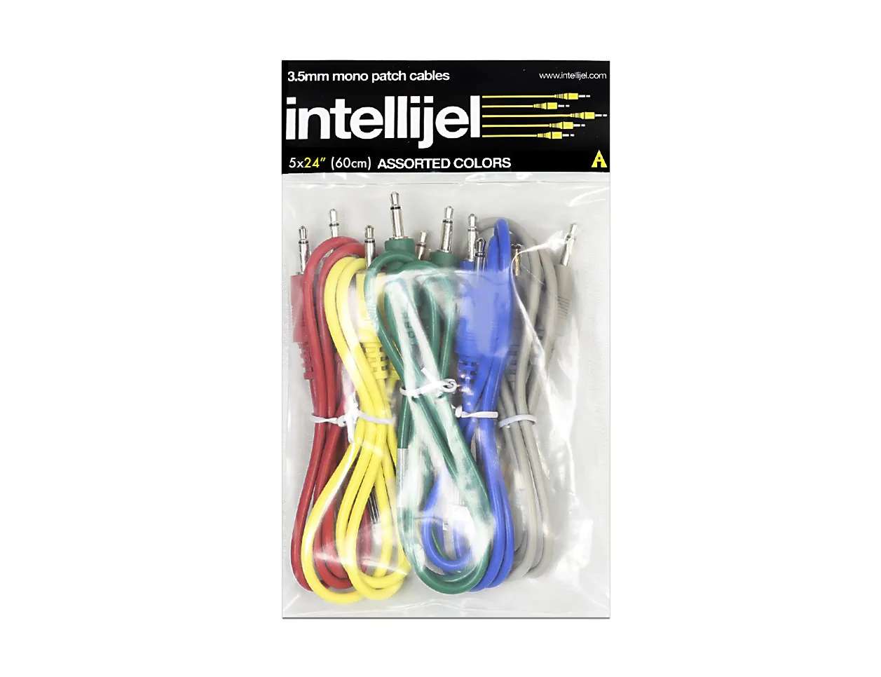 An assorted pack consisting of 5 24” Intellijel patch cables intended for use with Eurorack modules.