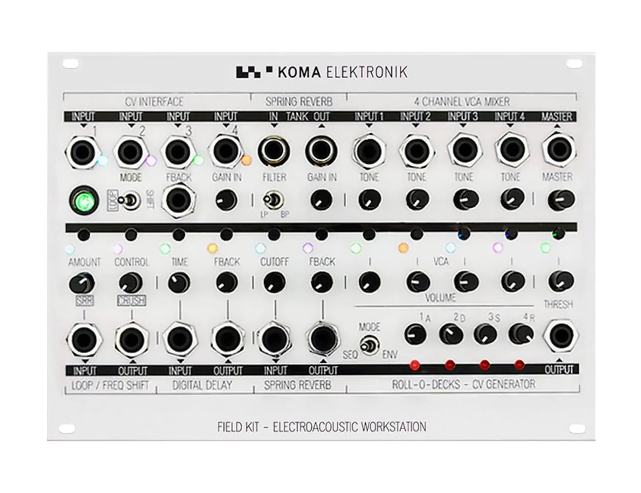 Now optimized for eurorack, Field Kit FX is ideal for use with Koma Elektronik's Field Kit electroacoustic workstation, but will work smashingly in any eurorack or modular environment.