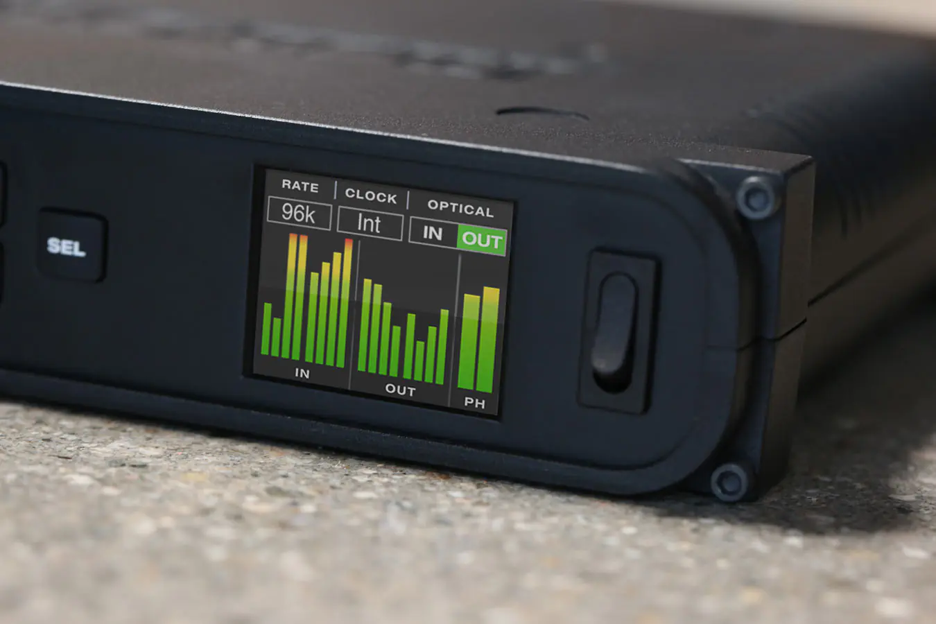Built-in meters on MOTU's 8A audio interface.