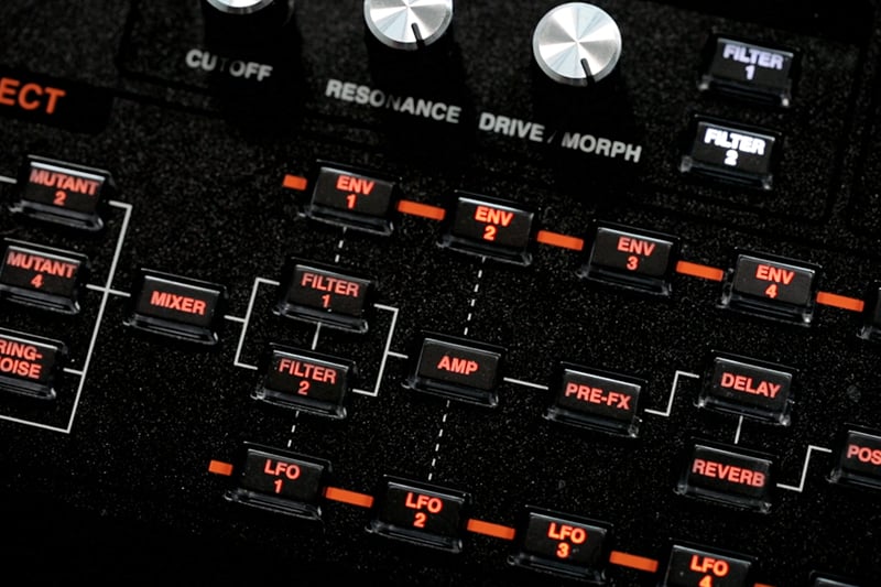Detail of the Hydrasynth's Module Select buttons—invaluable for navigating the modulation matrix.