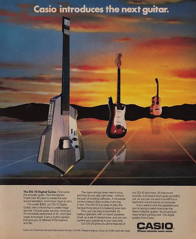 An ad for Casio's guitar-like DG-10 & DG-20&mdash;particularly peculiar instruments/controllers produced in the 1980s