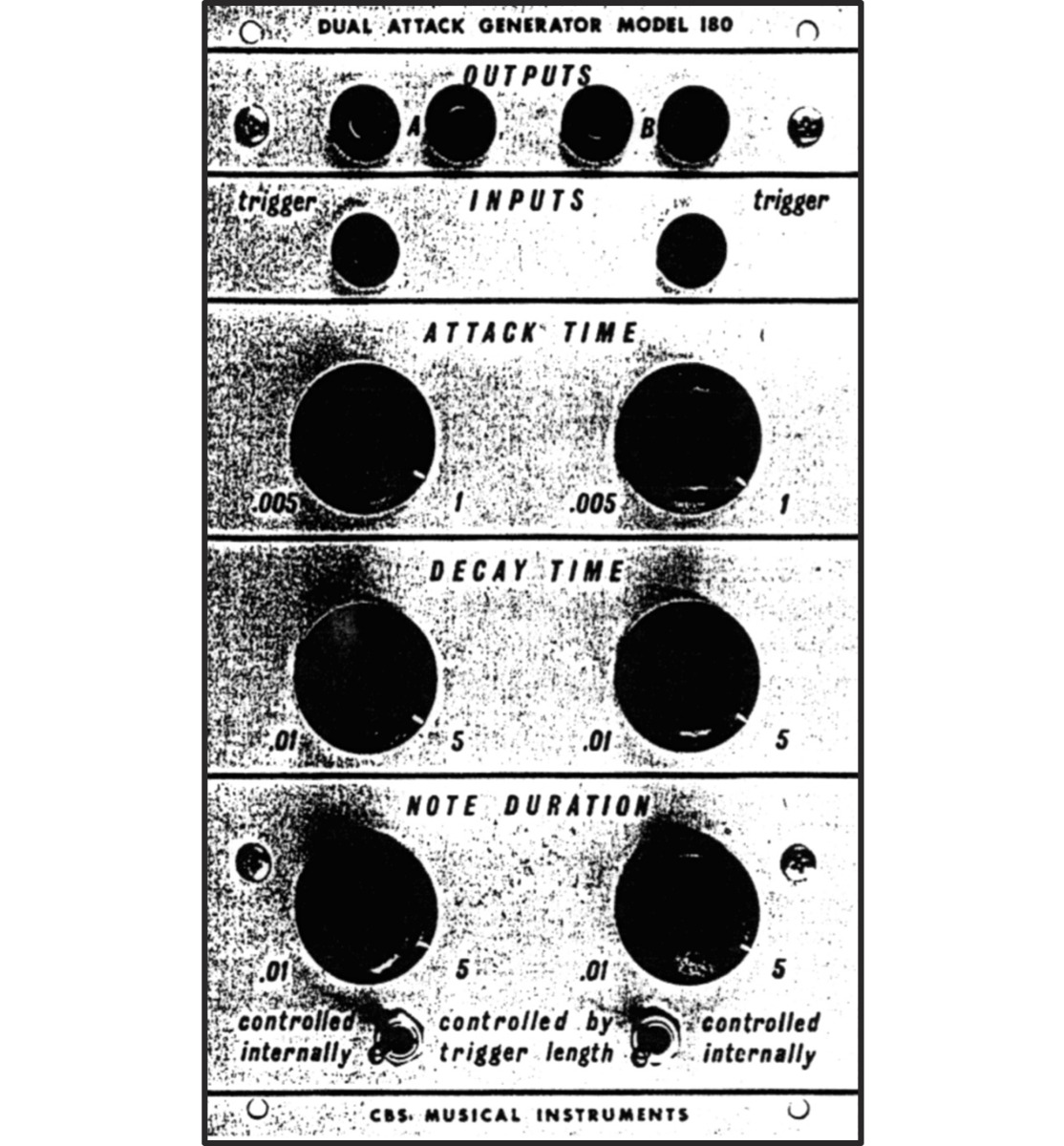 The 180 Dual Attack Generator, from the original CBS Musical Instruments Buchla catalog.
