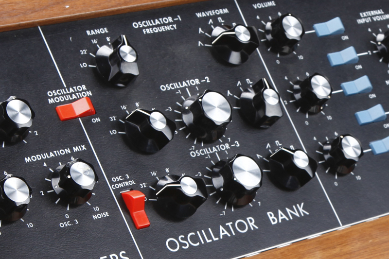 Closeup of the Minimoog's three-part Oscillator Bank