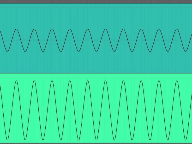 A sine wave from Make Noise's DPO; recorded into a UA Apollo x8 line input at line level through a Joranalogue Transmit 2 (top) and at connected directly to the interface at modular level (bottom)