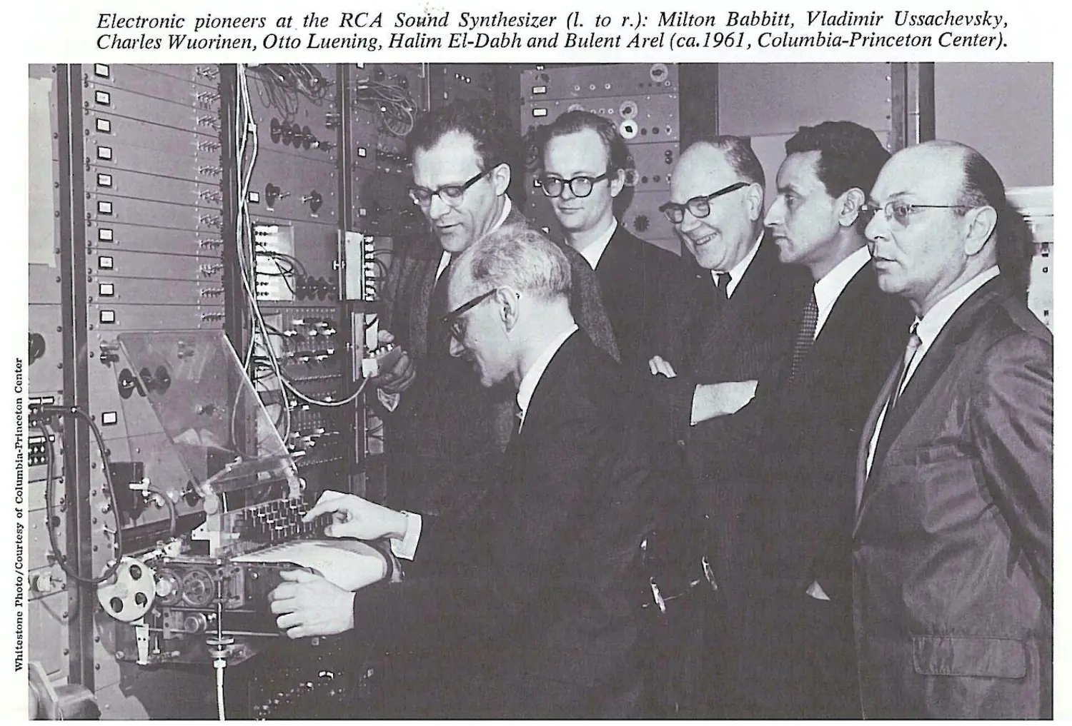 Milton Babbitt, Vladimir Ussachevsky, Charles Wuorinen, Otto Luening, Halim El-Dabh, and Bulent Arel at the RCA MkII Sound Synthesizer