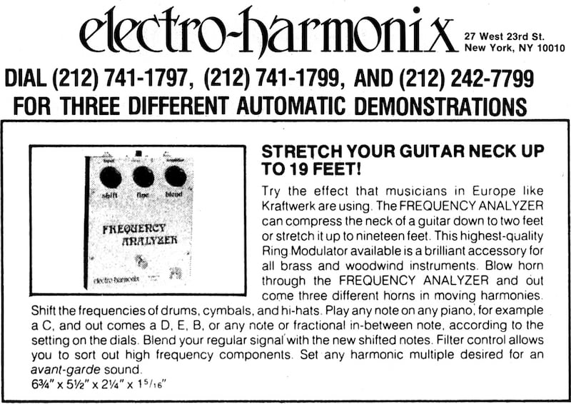 Original advert for the Electro Harmonix Frequency Analyzer, which seems to imply that ring modulation is similar to pitch shifting—which...it really isn't