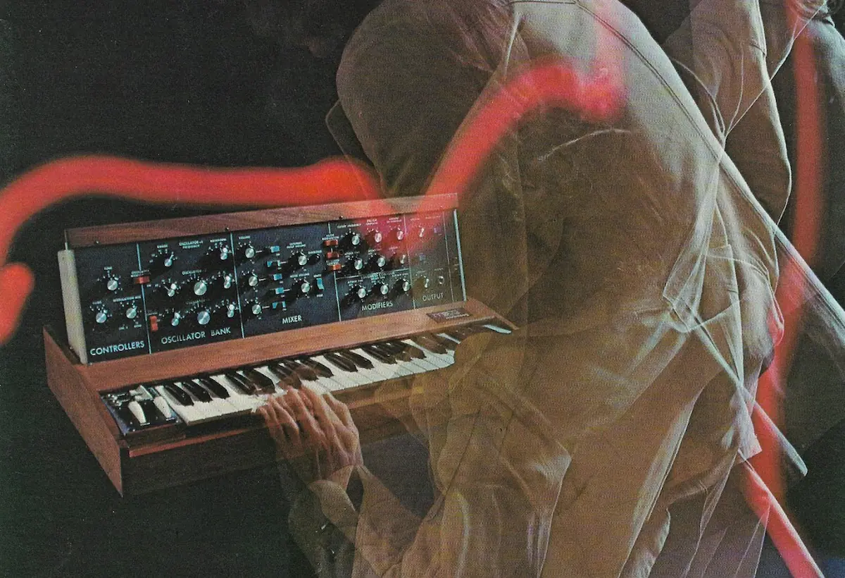 Image from a vintage ad for the Moog Minimoog Model D.