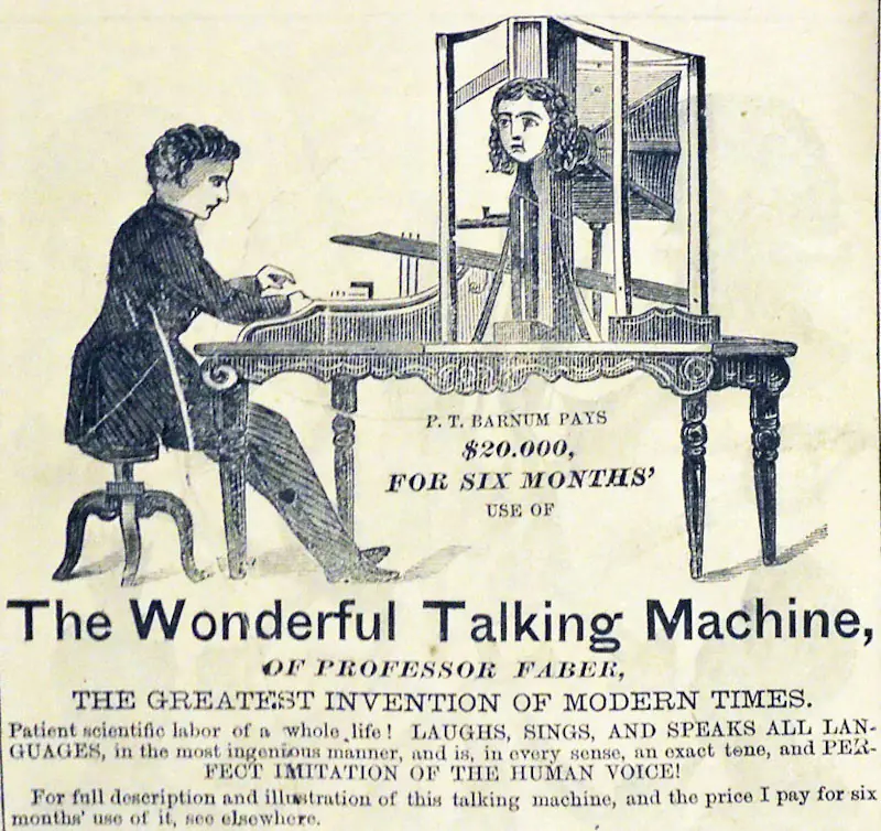 A period illustration of Faber's Euphonia from PT Barnum advertisement&mdash;image via Princeton Graphic Arts