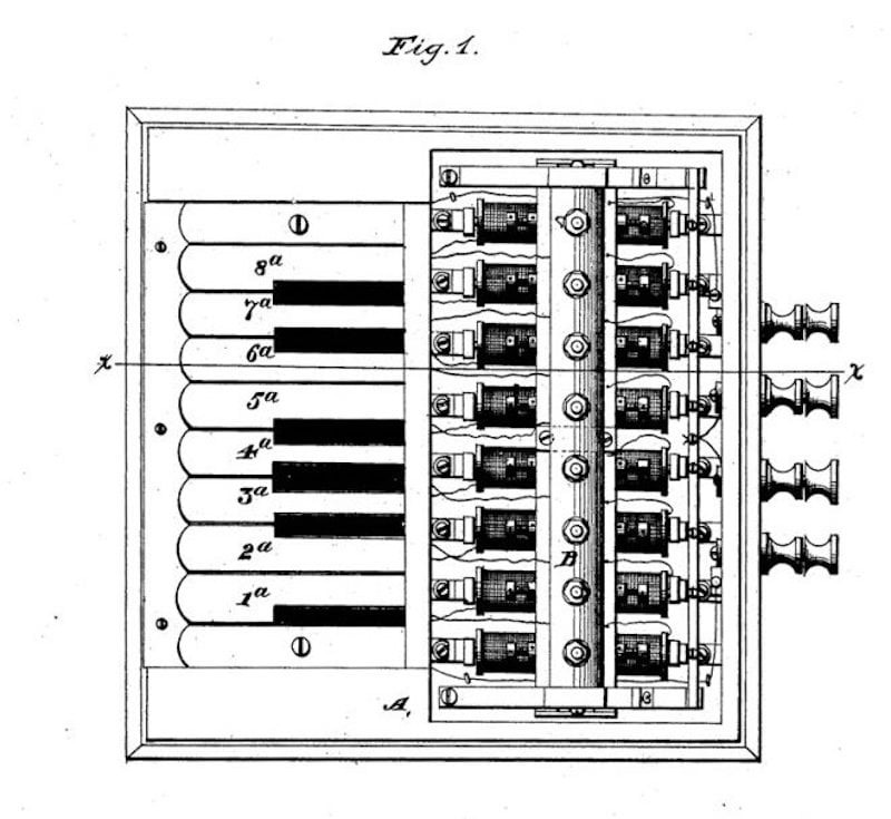 A digram from Elisha Gray's 1876 patent application for the Musical Telegraph